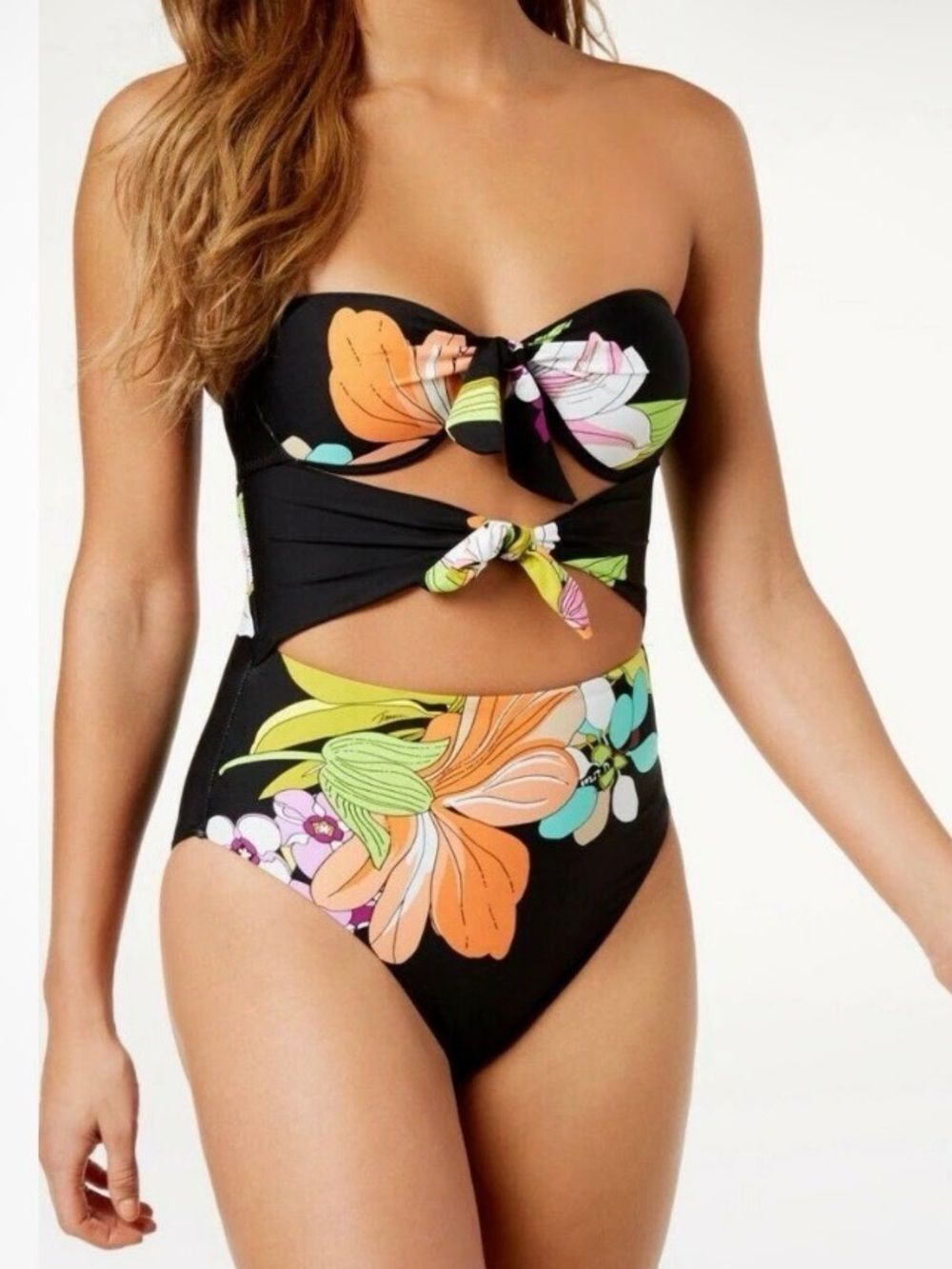 Trina Turk Swimsuit Size 10 Cut Outs Bandeau Top Underwire Black Bouquet Floral